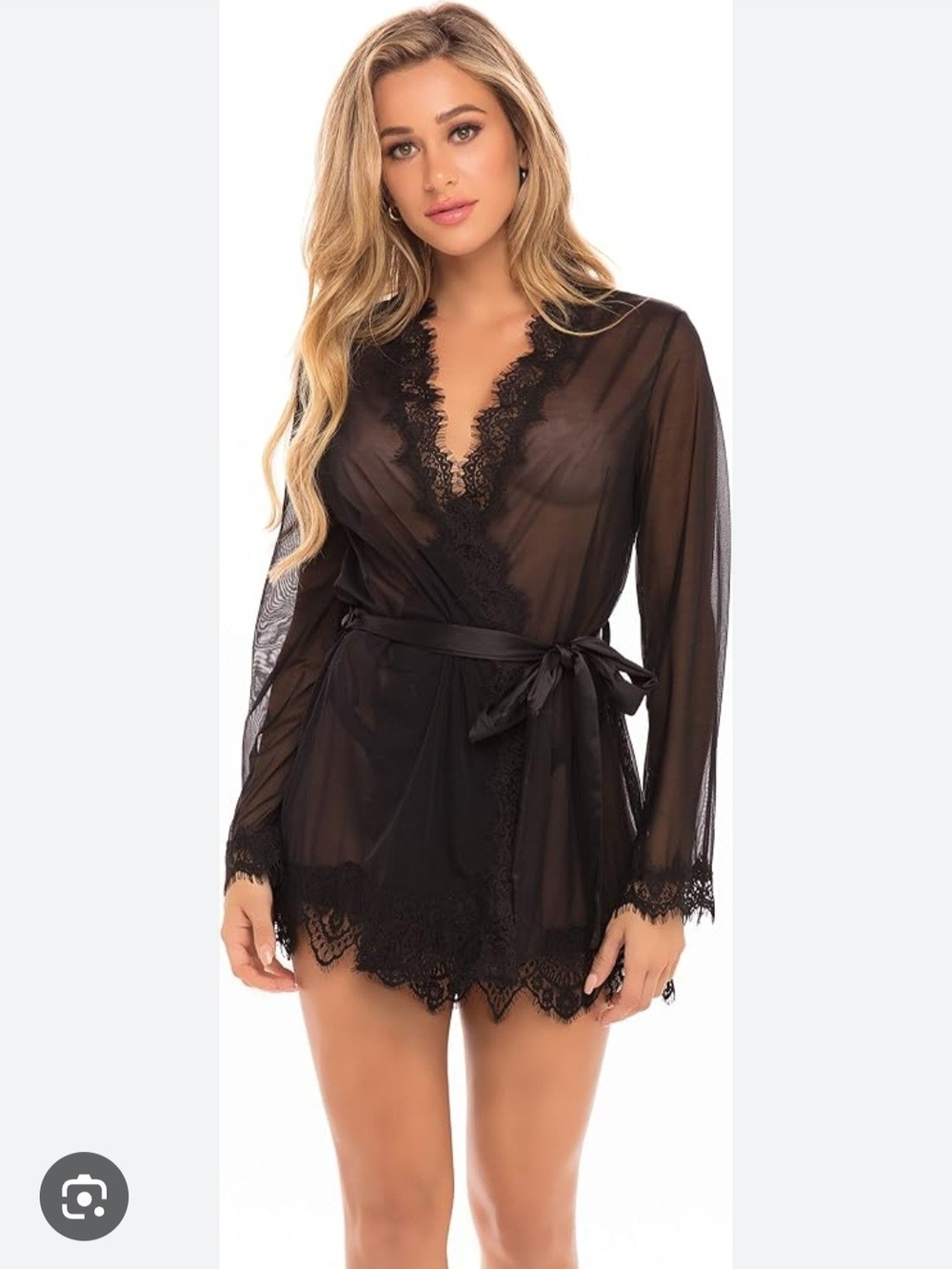 Oh La La Cherie Sheer Eyelash Lace Trim Wrap Robe - Black. Size L/XL
